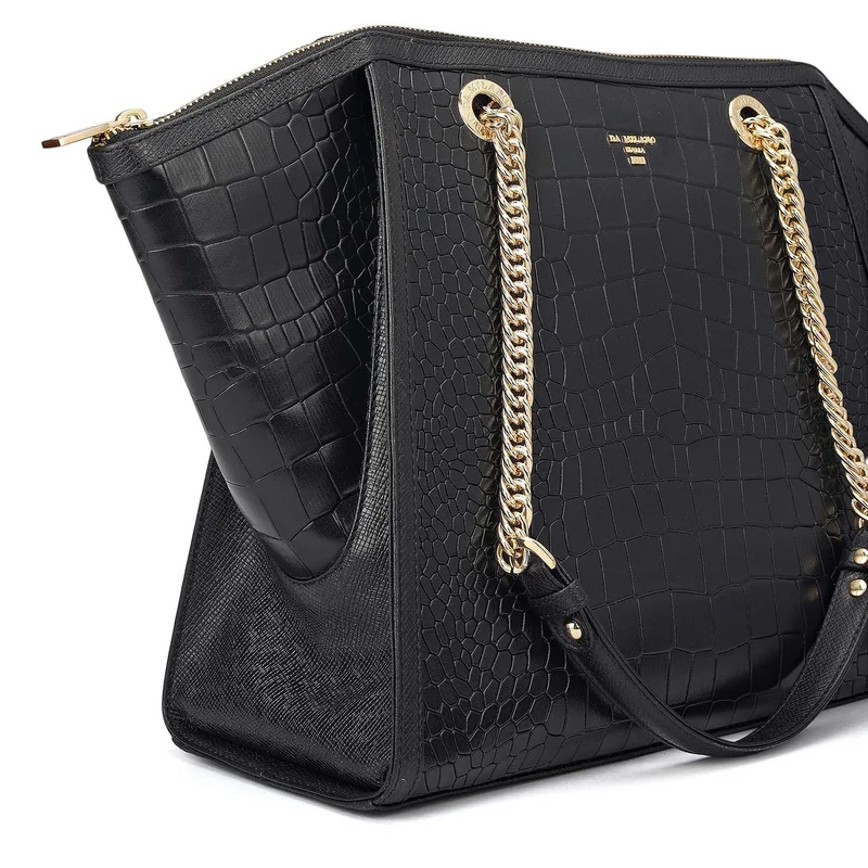 Da Milano Black Medium Croco Leather Tote - Black for Women | Best Price UAE